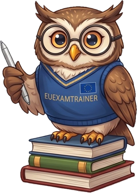 Ollie, the EU Exam Trainer study guide: an owl in a EUEXAMTRAINER tank top, holding a pen, standing on a stack of books